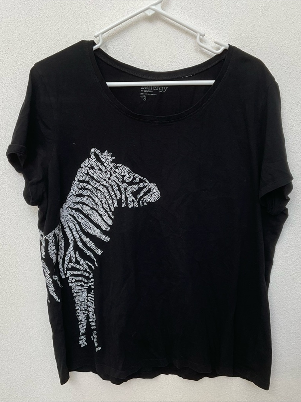 Zenergy By Chico's Black T-Shirt With White Sequin Zebra Size 3 US XL/16